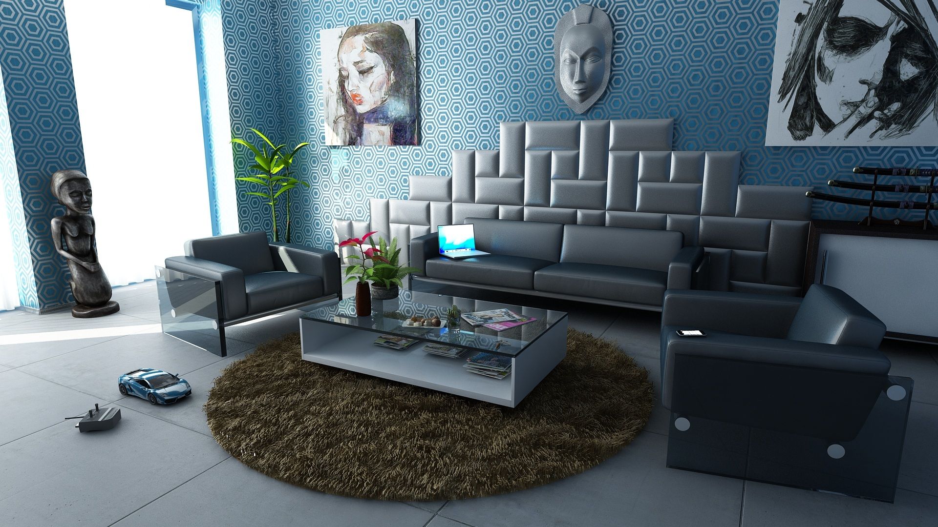 Contemporary living room featuring sleek furniture, artistic decor, and a vibrant geometric wallpaper.